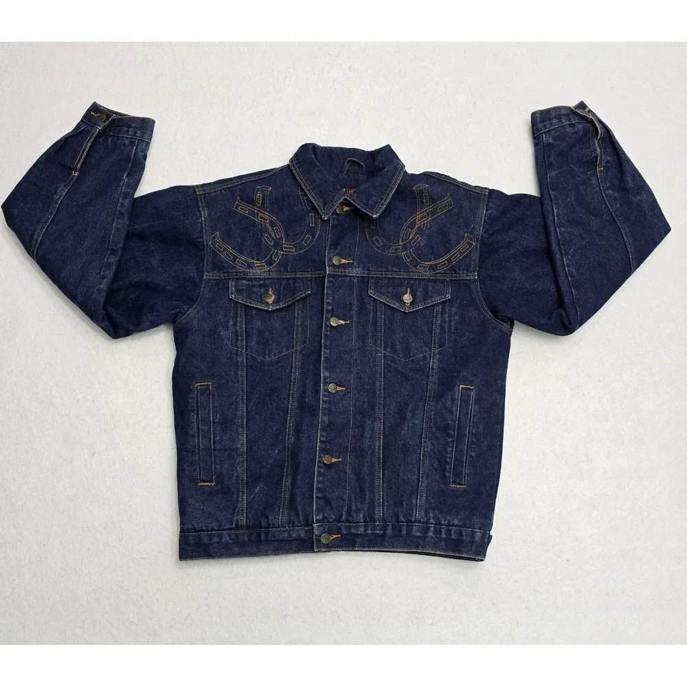 Black Blue Original Style Mens Denim Sherpa Lined Horse Jacket Dark Wash Medium